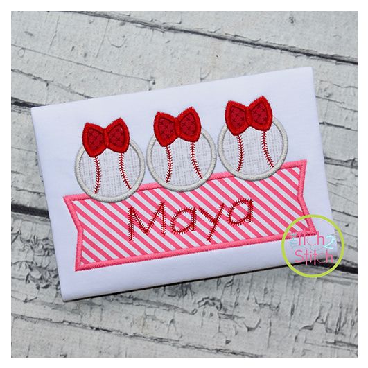 Baseball Bow Trio Banner Applique Design | Machine Embroidery Designs by JuJu