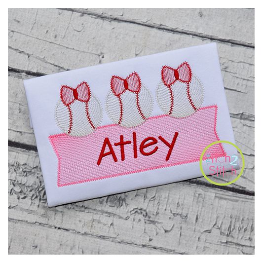 Baseball Bow Trio Banner Sketch Embroidery Design | Machine Embroidery Designs by JuJu