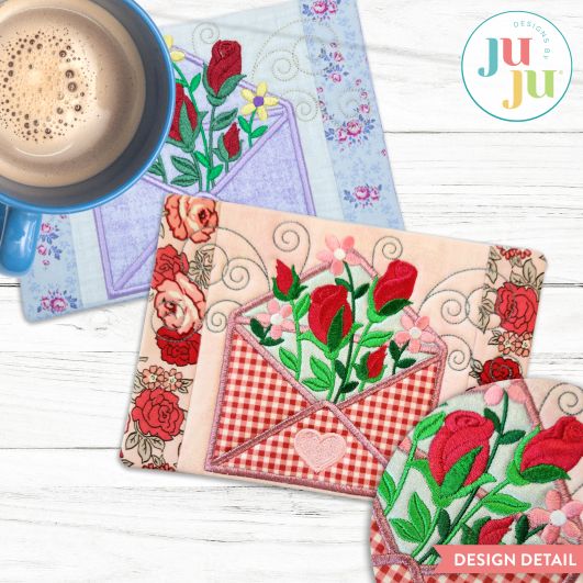 In The Hoop Envelope With Roses Mug Rug Project | Machine Embroidery Designs by JuJu