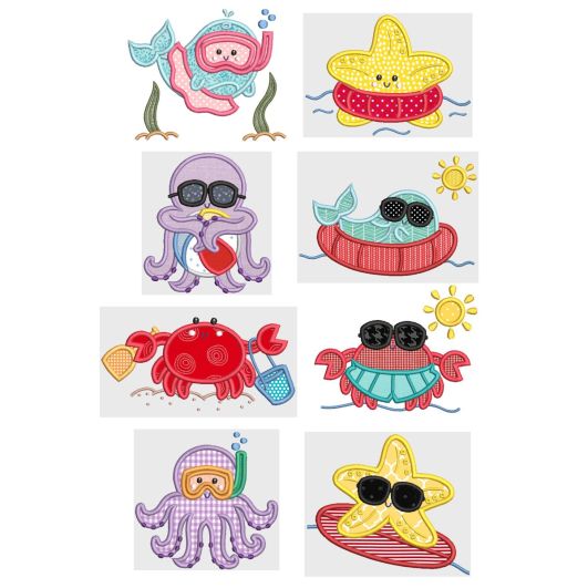 Beach Critters Applique Machine Embroidery Designs by JuJu 
