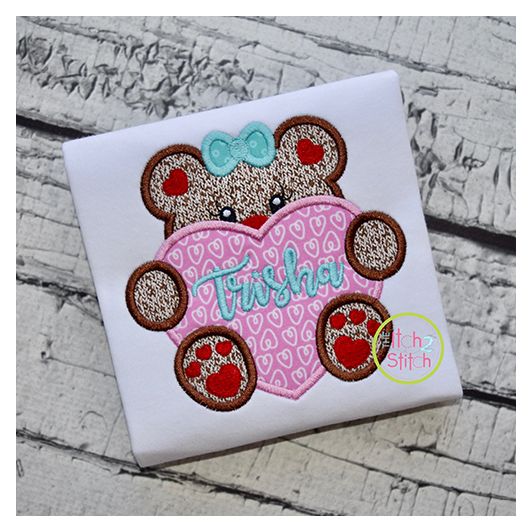 Bear With Heart Girl Applique | Machine Embroidery Designs by JuJu