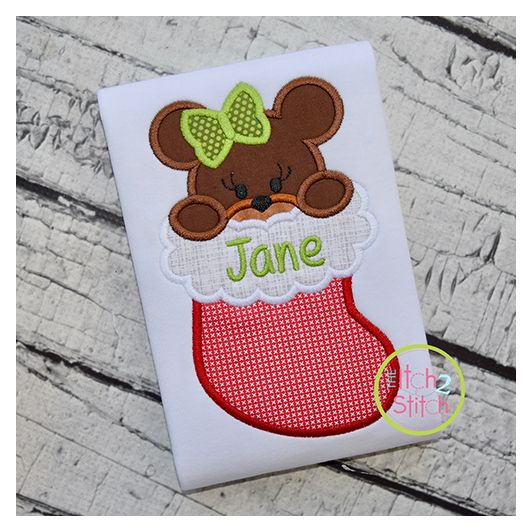 Bear in Stocking Girl Applique | Machine Embroidery Designs by JuJu