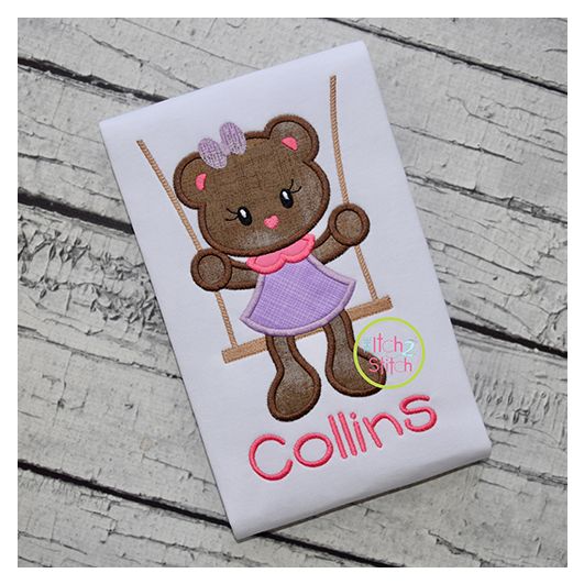 Bear in the Swing Girl Applique | Machine Embroidery Designs by JuJu