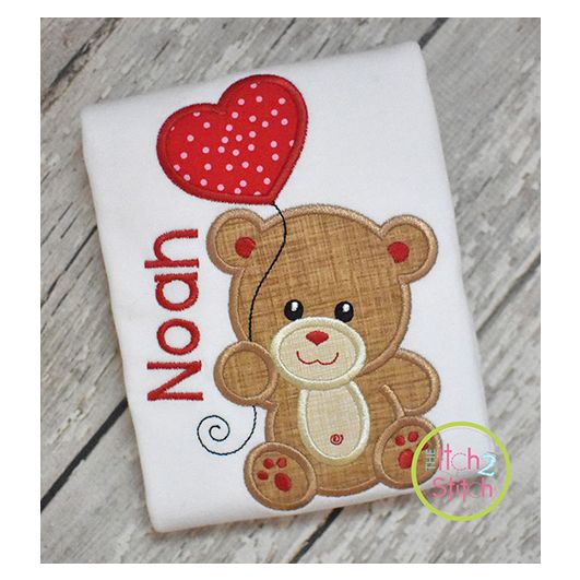 Bear with Heart Balloon Boy Applique Design | Machine Embroidery Designs by JuJu