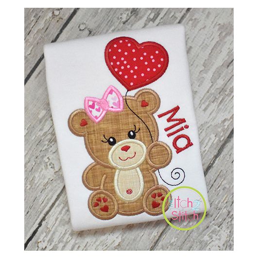 Bear with Heart Balloon Girl Applique Design | Machine Embroidery Designs by JuJu