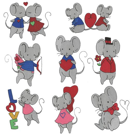 Cute Valentine Mice Filled Machine Embroidery Designs by JuJu
