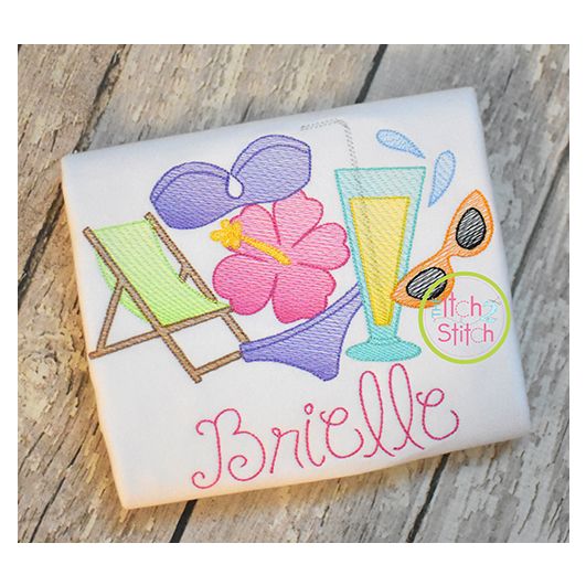 Bikini Beach Scene Sketch Embroidery | Machine Embroidery Designs by JuJu