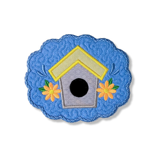 ITH Birdhouse Scalloped Mug Rug | Machine Embroidery Designs by JuJu