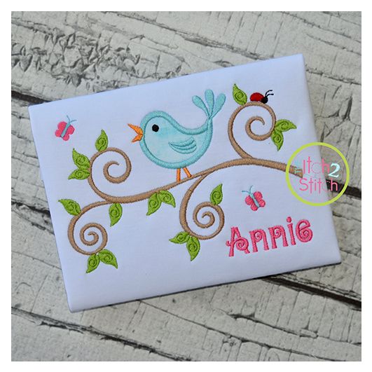 Bird on a Branch Applique Design | Machine Embroidery Designs by JuJu