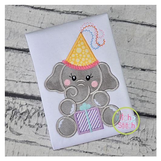 Birthday Elephant Girl Applique Design | Machine Embroidery Designs by JuJu