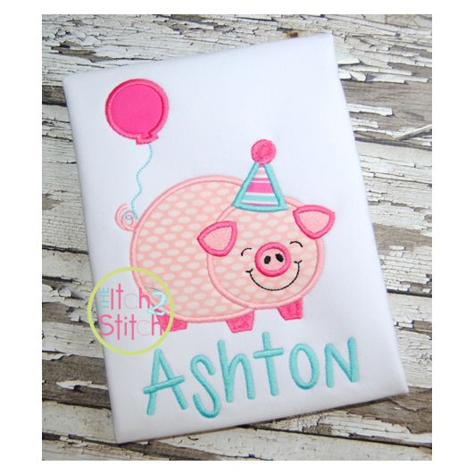 Birthday Pig Applique | Machine Embroidery Designs by JuJu