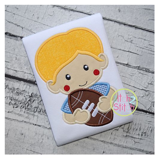Boy Holding Football Applique | Machine Embroidery Designs by JuJu