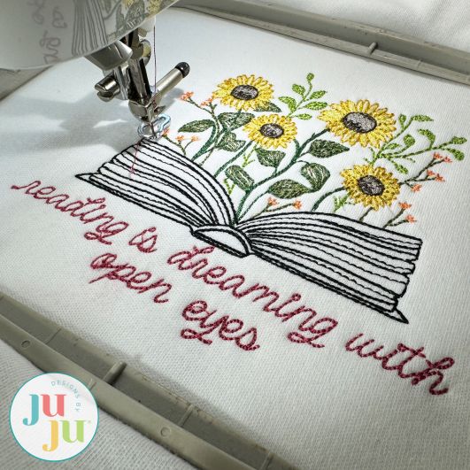 Reading is Dreaming - Floral Book Saying Embroidery Design | Machine Embroidery Designs by JuJu
