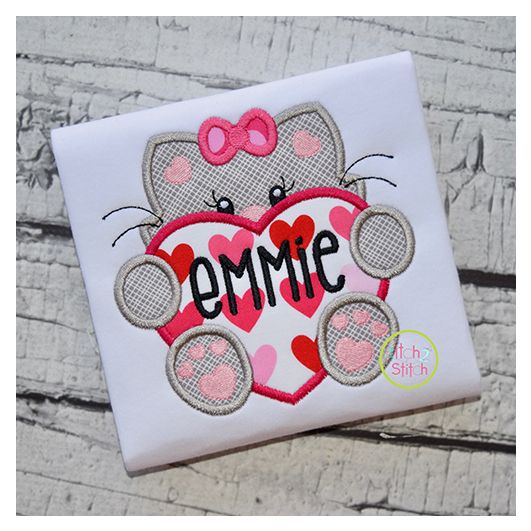 Cat With Heart Girl Applique | Machine Embroidery Designs by JuJu