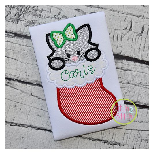 Cat in Stocking Girl Applique | Machine Embroidery Designs by JuJu