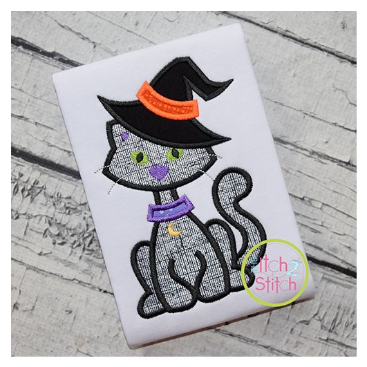 Cat in Witch Hat Applique | Machine Embroidery Designs by JuJu