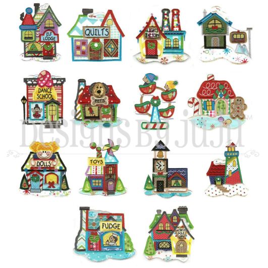 North Pole Village Christmas Applique Set 4 Machine Embroidery Designs by JuJu 