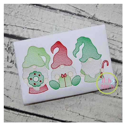 Christmas Gnome Trio Sketch Embroidery | Machine Embroidery Designs by JuJu