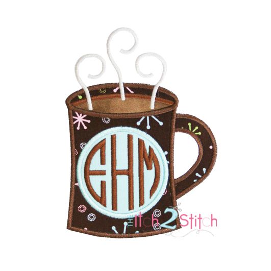 Coffee Mug, Hot Chocolate Cocoa Monogram Applique Frame | Machine Embroidery Designs by JuJu