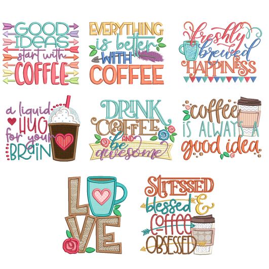 Coffee Word Art 4 Machine Embroidery Designs by JuJu