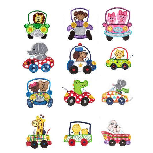 Cute Animals in Cars Applique Machine Embroidery Designs by JuJu 