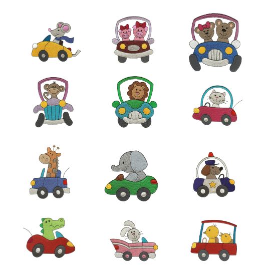 Cute Animals in Cars Filled Version Machine Embroidery Designs by JuJu