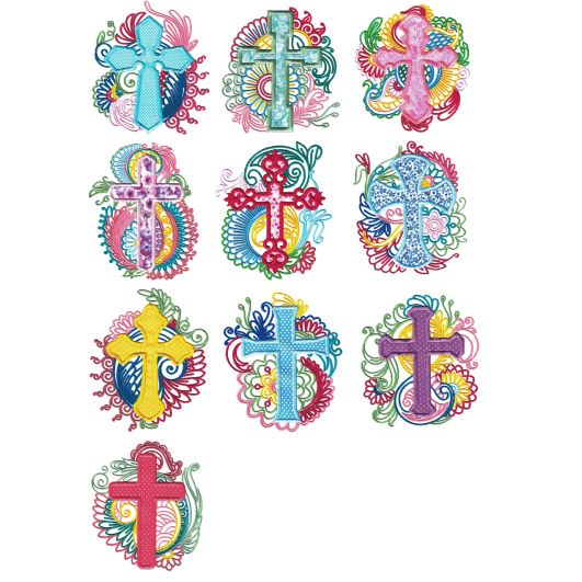 Ornate Mehndi Applique Crosses Machine Embroidery Designs by JuJu