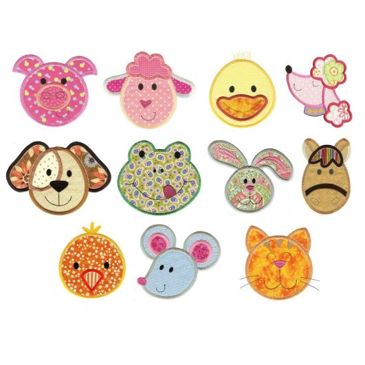 Cute Animal Faces Set 1 Applique Machine Embroidery Designs by JuJu 