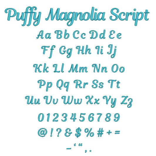 Puffy Magnolia Script Embroidery Font | Machine Embroidery Designs by JuJu