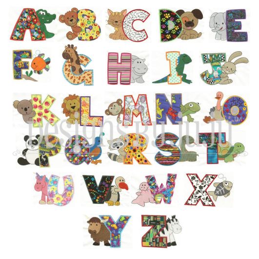 Cute Critters Alphabet Applique Machine Embroidery Designs by JuJu 