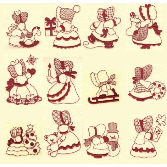 Sunbonnet Sue Christmas Redwork Machine Embroidery Designs by JuJu