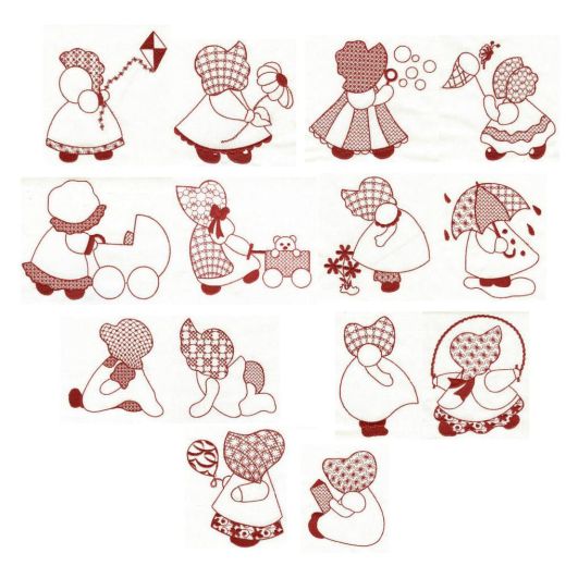 Simply Sunbonnets Redwork 5x7 Machine Embroidery Designs by JuJu