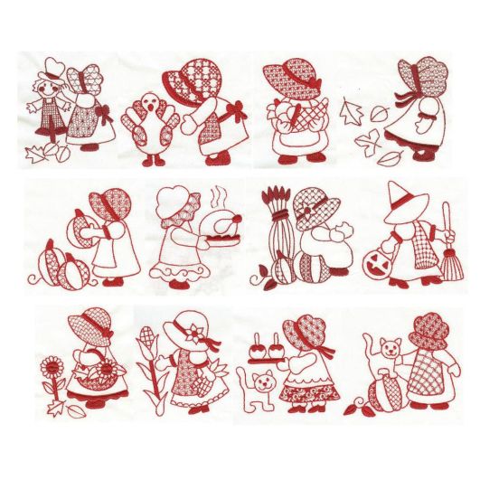 Harvest Time Sunbonnet Sue Redwork Machine Embroidery Designs by JuJu