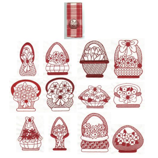 Flower Baskets Redwork Machine Embroidery Designs by JuJu
