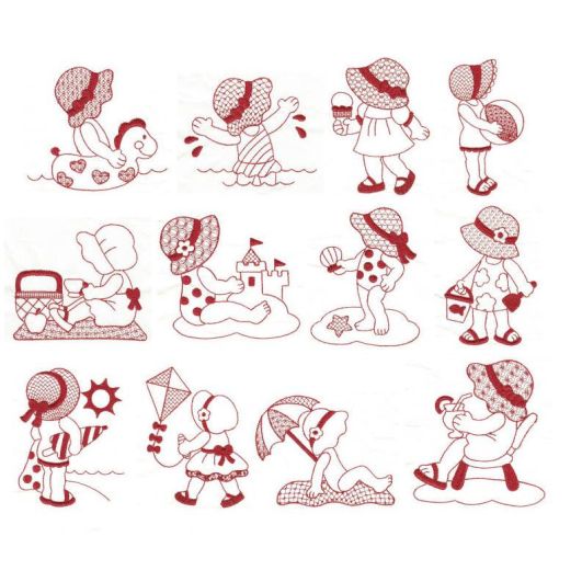 Summer Fun Sunbonnets Redwork Machine Embroidery Designs by JuJu