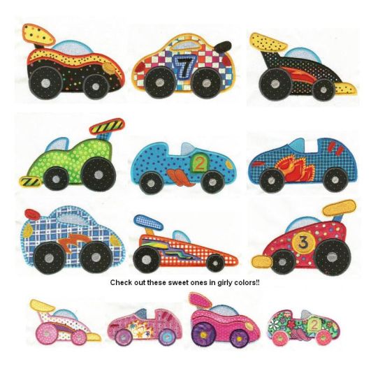Speedy Racecars Applique Machine Embroidery Designs by JuJu 