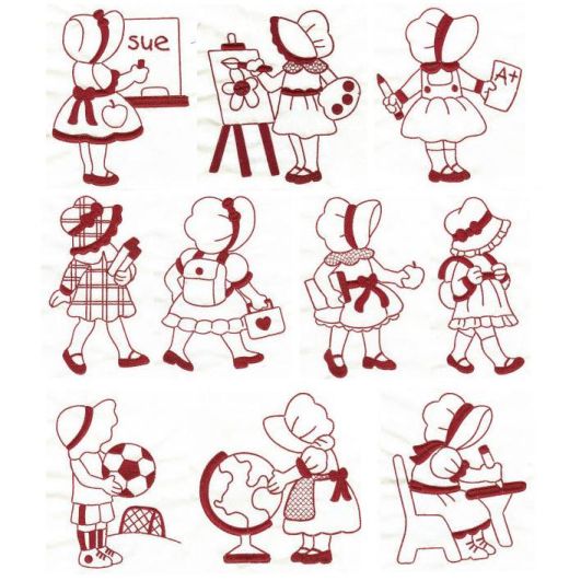 Sunbonnet Sue Goes Back to School Redwork Machine Embroidery Designs by JuJu