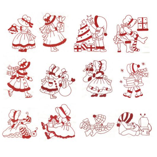 A Very Merry Sunbonnet Christmas Redwork Machine Embroidery Designs by JuJu