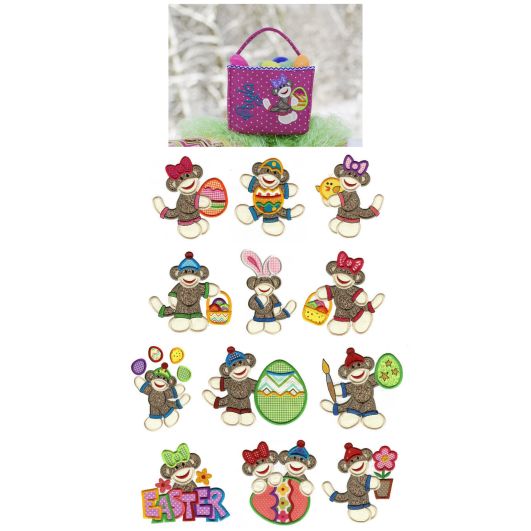 Easter Sock Monkeys Applique Machine Embroidery Designs by JuJu 
