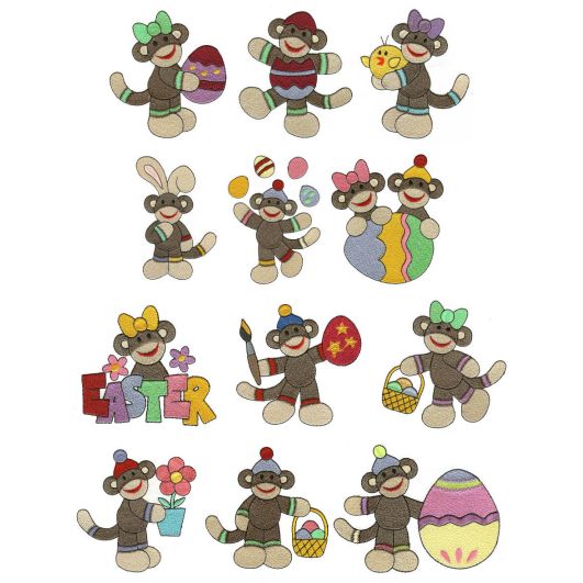 Easter Sock Monkeys Filled Machine Embroidery Designs by JuJu