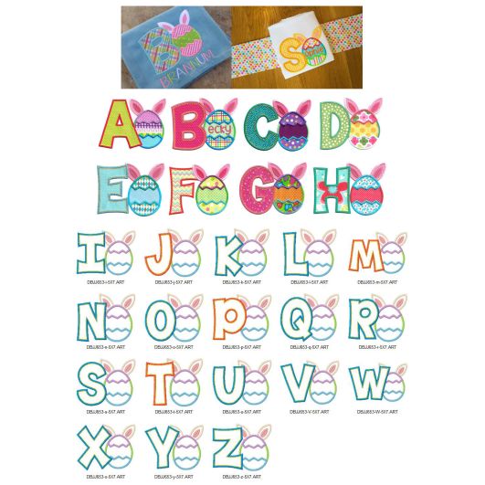 Easter Bunny Egg Alphabet Applique Machine Embroidery Designs by JuJu 