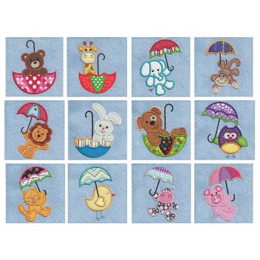 cute animals in umbrellas applique stipple quilt blocks in the hoop machine embroidery designs