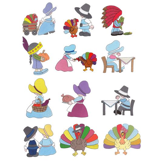 Thanksgiving Sunbonnets Filled Machine Embroidery Designs by JuJu