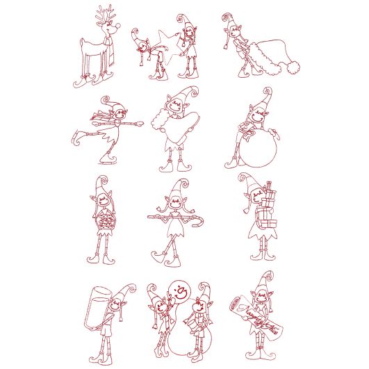 Quirky Christmas Elves Redwork Designs by Juju