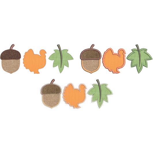 Acorn Turkey Leaf Trio Applique | Machine Embroidery Designs by JuJu