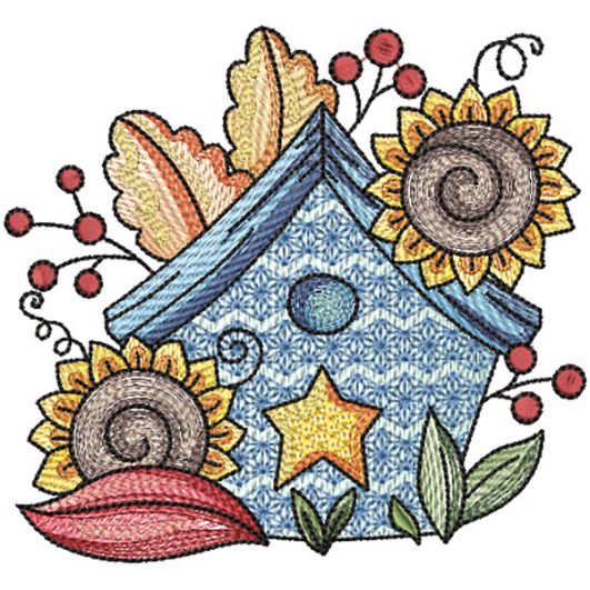 Autumn Sunflowers Birdhouse Embroidery Design | Designs by JuJu