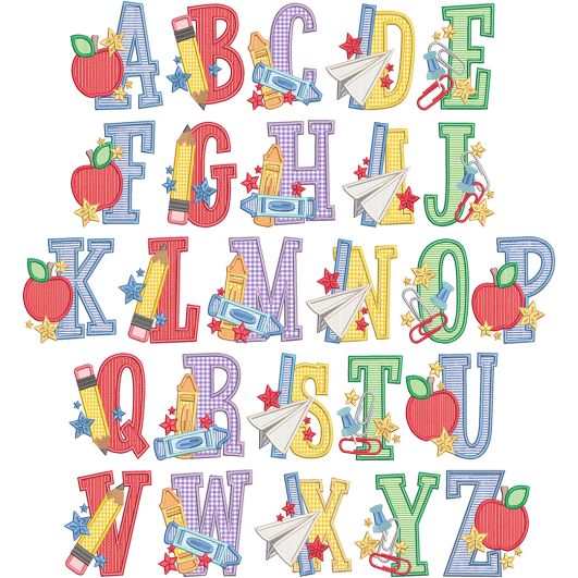 Back To School Alphabet | Machine Embroidery Designs by JuJu