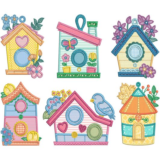 Birdhouses Applique Digital Embroidery Machine Designs by JuJu