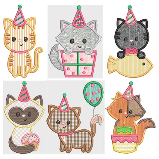 Birthday Cats Applique Machine Embroidery Designs by JuJu