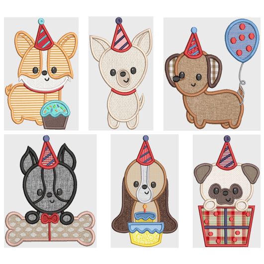 Birthday Dogs Applique Machine Embroidery Designs by JuJu
